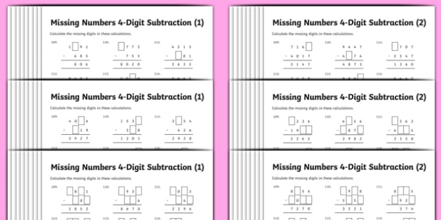 subtraction 4 digit missing numbers differentiated worksheet worksheet