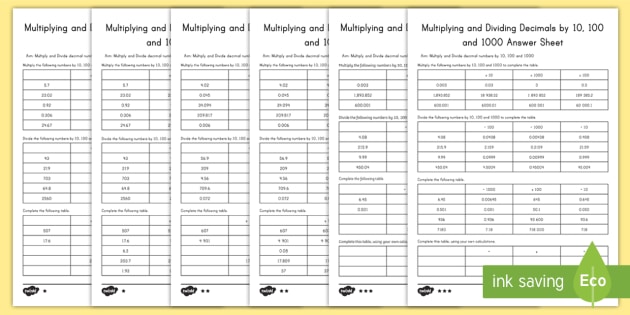 Multiplying And Dividing Decimals By 10 100 And 1000 Multiplying Decimals