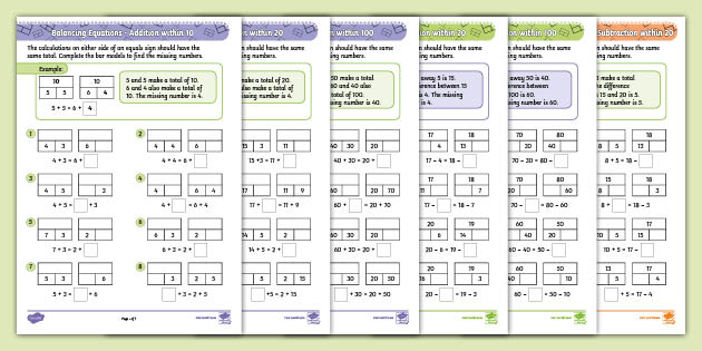 KS1 Addition and Subtraction Balancing Equations Worksheet Pack