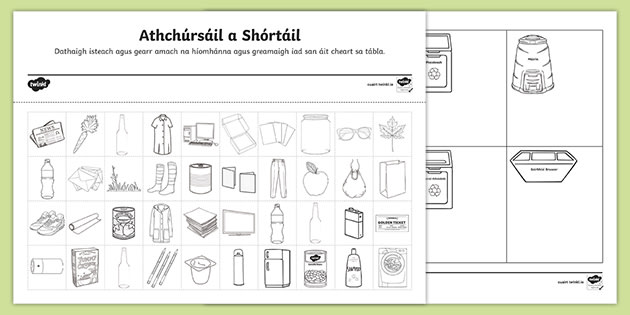 Recycling Sorting Worksheet Gaeilge (teacher made)