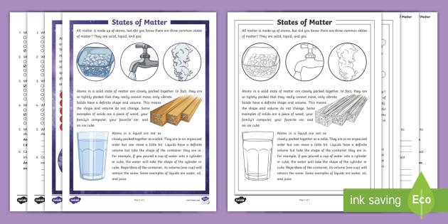 Fifth Grade States of Matter Reading Comprehension Activity