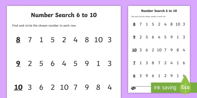 Senior Infants Number Search 6 To 10 Worksheet / Worksheet