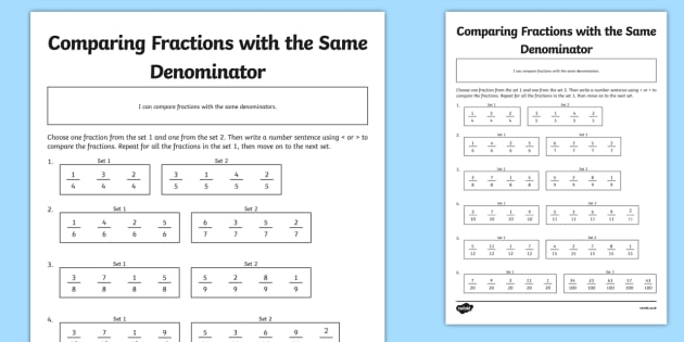 Comparing Fractions with Different Denominators Worksheet / Worksheet