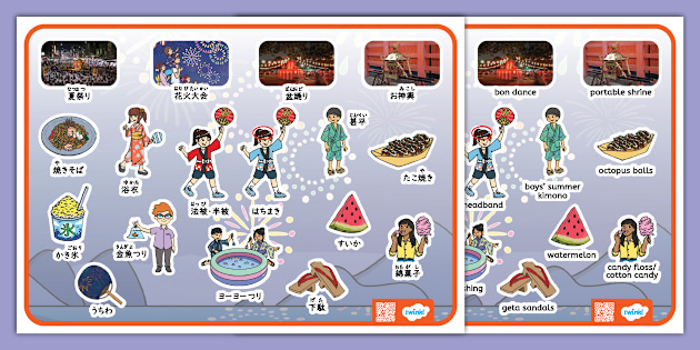 夏祭りに関する単語17個を紹介した単語シート。Summer Festival｜日