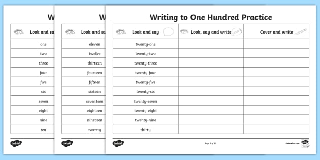 Number Words One to a Hundred Writing Practice Worksheets