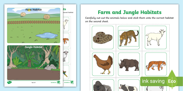 Farm and Jungle Habitats Animal Sorting Activity Sheet