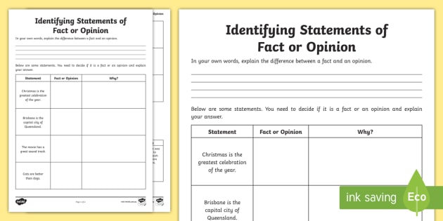 Identifying Statements Of Fact Or Opinion Assessment Sheet 