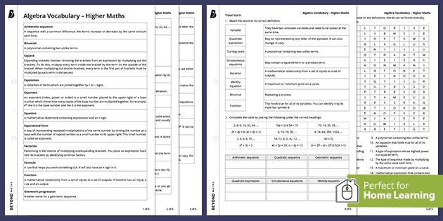 Algebra Vocabulary Ks4 Walkthrough Worksheet Higher Maths