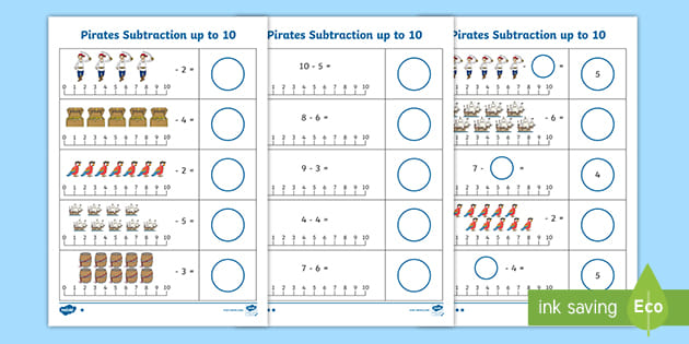 pirate subtraction up to 10 worksheet teacher made