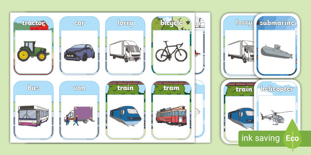 24 Transport Flashcards / Image Cards for Kids preschoolers