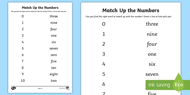 Matching Numbers to Words Worksheet