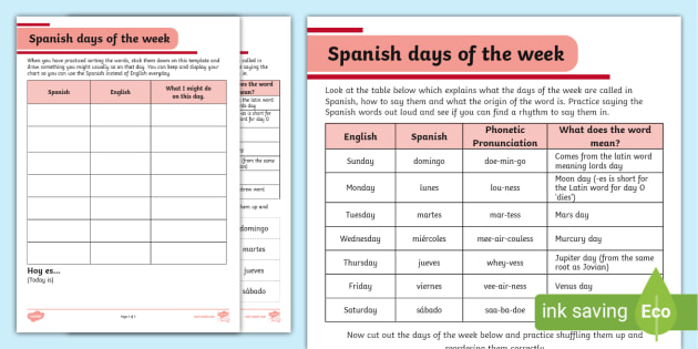 free days of the week in spanish printable worksheets twinkl