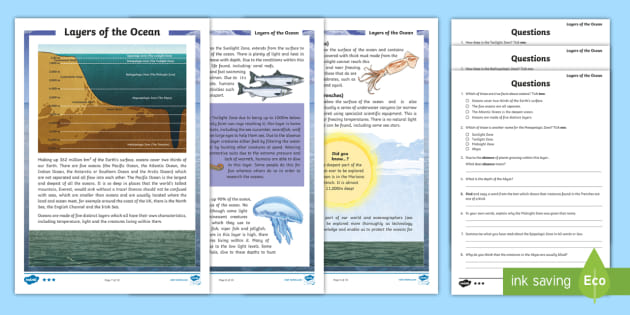 UKS2 Layers of the Ocean Differentiated Reading Comprehension Activity