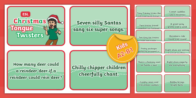 ESL Christmas Tongue Twister Cards [Kids, A2-B1]