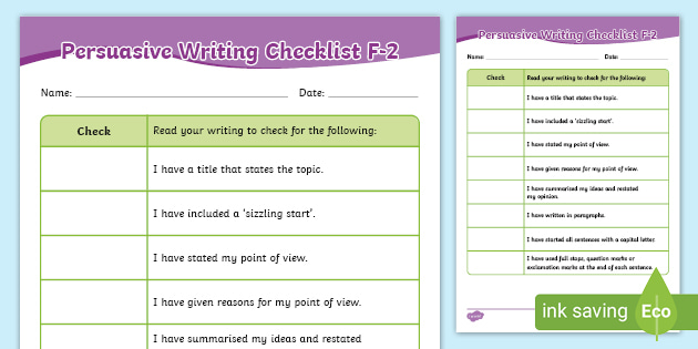 F-2 Persuasive Writing Checklist (teacher Made)