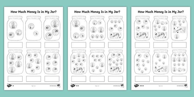 counting money in jars australian worksheets differentiated