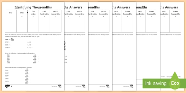 identifying thousandths differentiated worksheets identifying