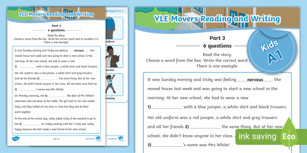 Part　[Kids,　ESL　and　(School)　Sheet　YLE　Movers　Activity　Reading　Writing　A1]