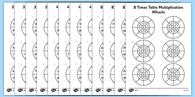 3 4 And 8 Times Table Multiplication Wheels Worksheet Pack