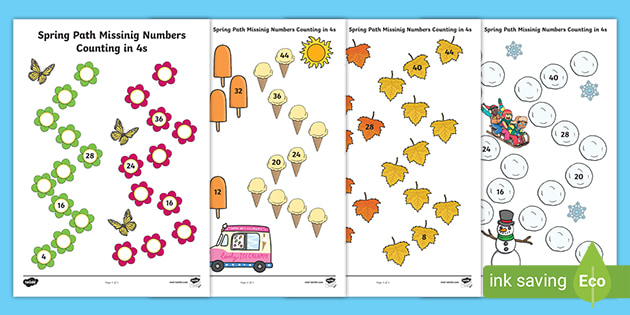 seasons path missing numbers counting in 4s worksheet
