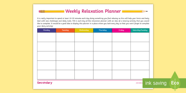 Weekly relaxation planner worksheet (teacher-made) - twinkl