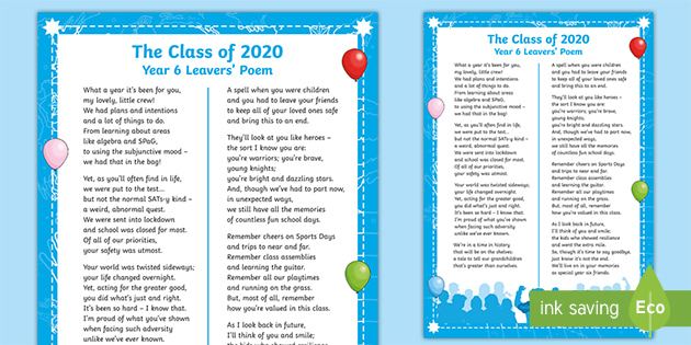 The Class of 2020: Year 6 Leavers' Poem (teacher made)