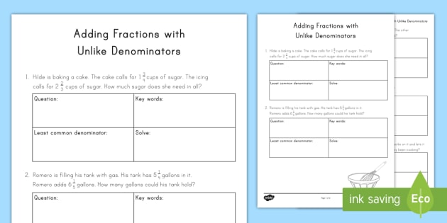 Adding Unequal Fractions With Unlike Denominators Activity