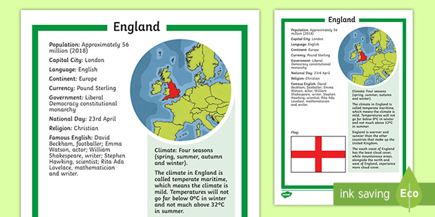 KS2 England Fact File Worksheet (teacher made)