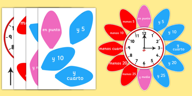 Analogue Clock Flower Labels Spanish