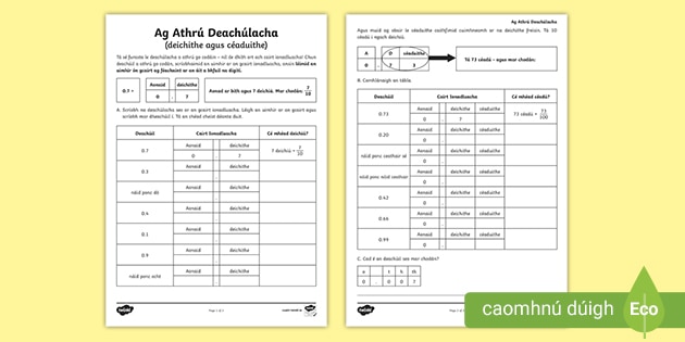 converting decimal tenths and hundredths to fractions worksheet gaeilge