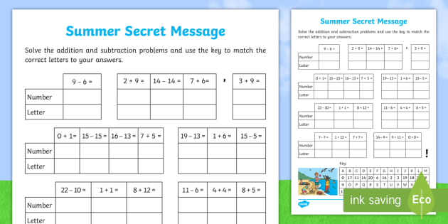 addition and subtraction summer secret message worksheet worksheet