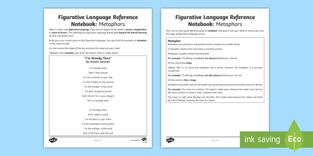 Figurative Language Reference Notebook Metaphors Activity