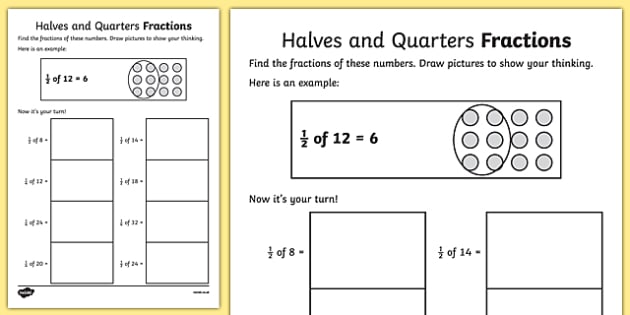 halves and quarters fractions worksheets maths twinkl