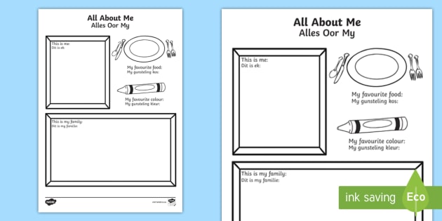 all about me english afrikaans colouring worksheet