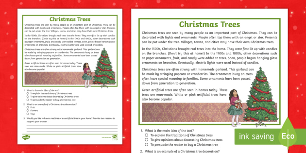 Third Grade Christmas Trees Reading Passage Comprehension Activity