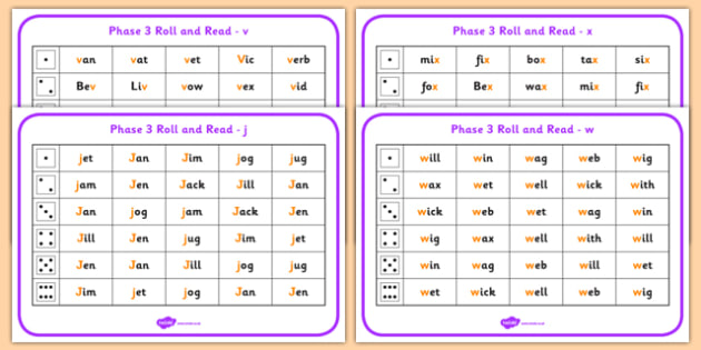 Phase 3 Letter Progression Set6 J V W X Phoneme Roll And Read Mat