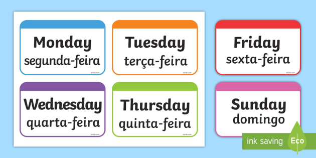 Days of the Week Flashcards English/Portuguese - Days of the Week Flashcards