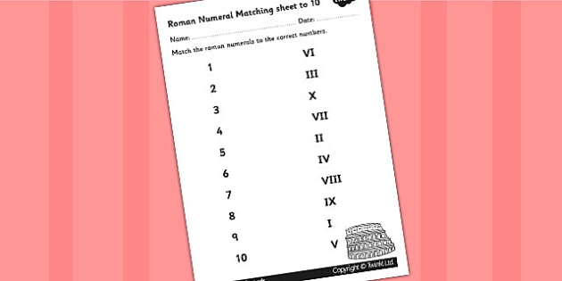 roman numerals and number to 10 matching worksheet romans