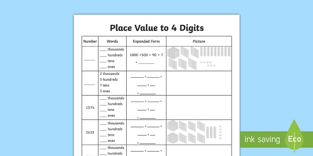 place value 4 digit numbers worksheet primary resources