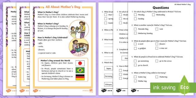 KS1 Mother's Day Differentiated Reading Comprehension Activity - mother's