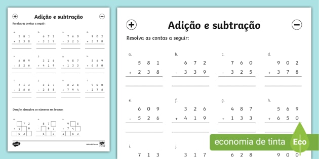 Jogo de matemática infantil subtração e adição de números página