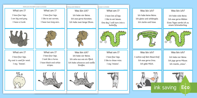 'What Am I?' Animal Themed Guessing Game Cards - English/German