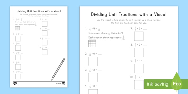 dividing unit fractions with visuals worksheet worksheet