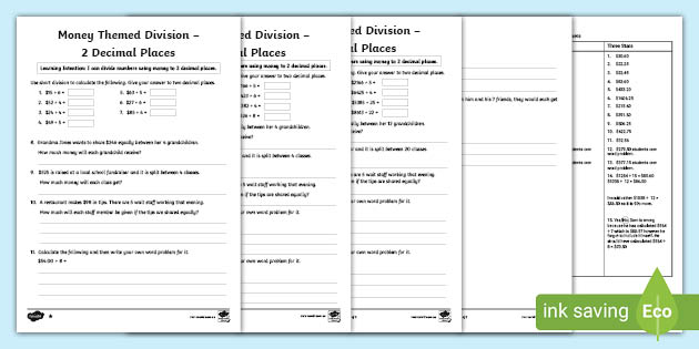 Money Themed Division – 2 Decimal Places (teacher made)