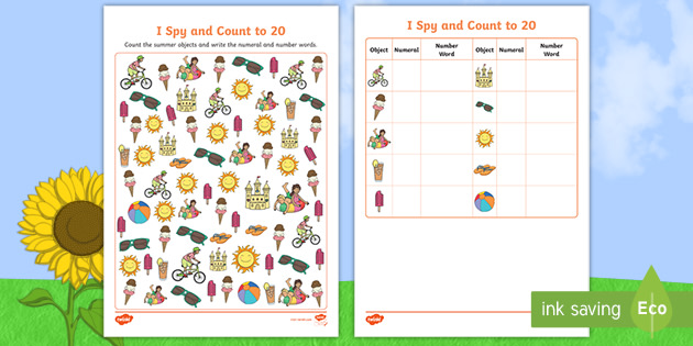 summer themed i spy and count to 20 worksheet