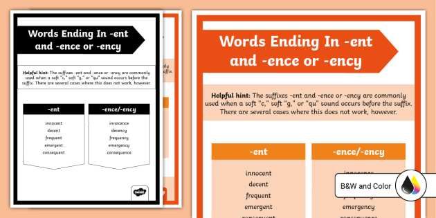 Words Ending In -ent and -ence or -ency Poster Twinkl