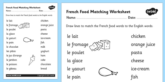 French Food Matching Words Worksheet Languages Resources