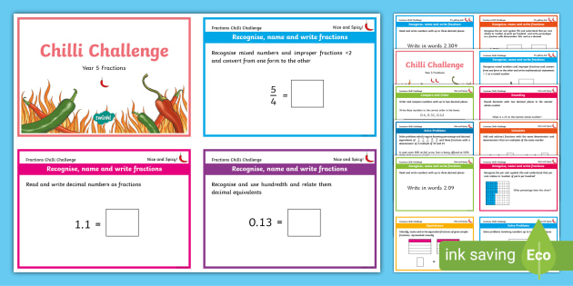 Year 5 Maths Fractions Chili Challenge Cards (Teacher-Made)