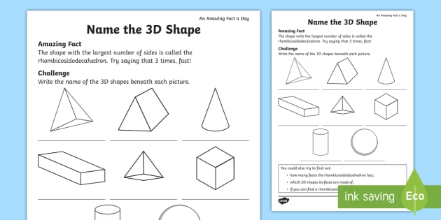 Names of 3D Shapes Worksheet - Math Resource - Twinkl