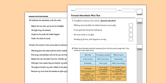 Fronted Adverbial Worksheets Year 4